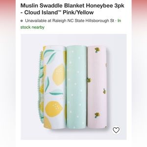 NWT Muslin Swaddle Blanket Honeybee 3pk - Cloud Island™ Pink/Yellow